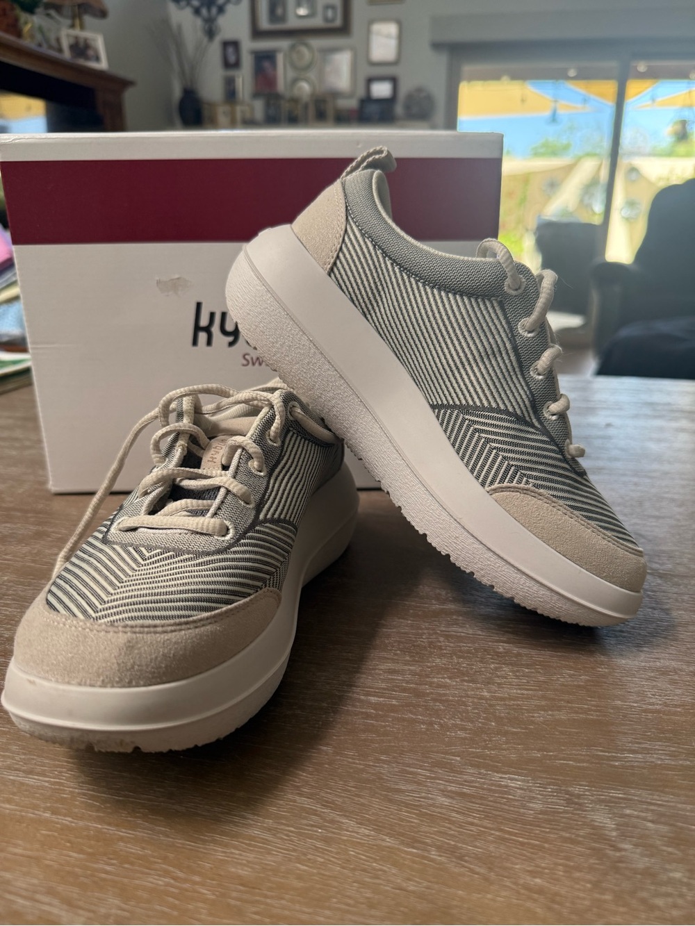 Kybun Striped Casual Sneakers in Beige and White